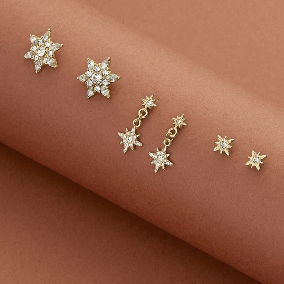 3 PAIRS Rhinestone Gold Star Decor Earrings - Picture 2 of 8